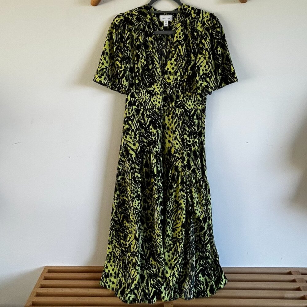 Topshop Green & Black Animal Print Midi Dress | Ruffle Hem | Size S